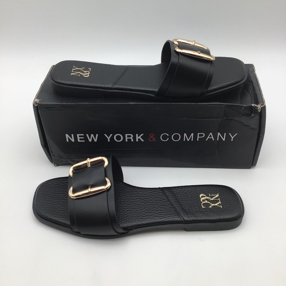 New York & Company Wenda Black Buckle Slide Sandals Womens Size 8 Square Toe NEW